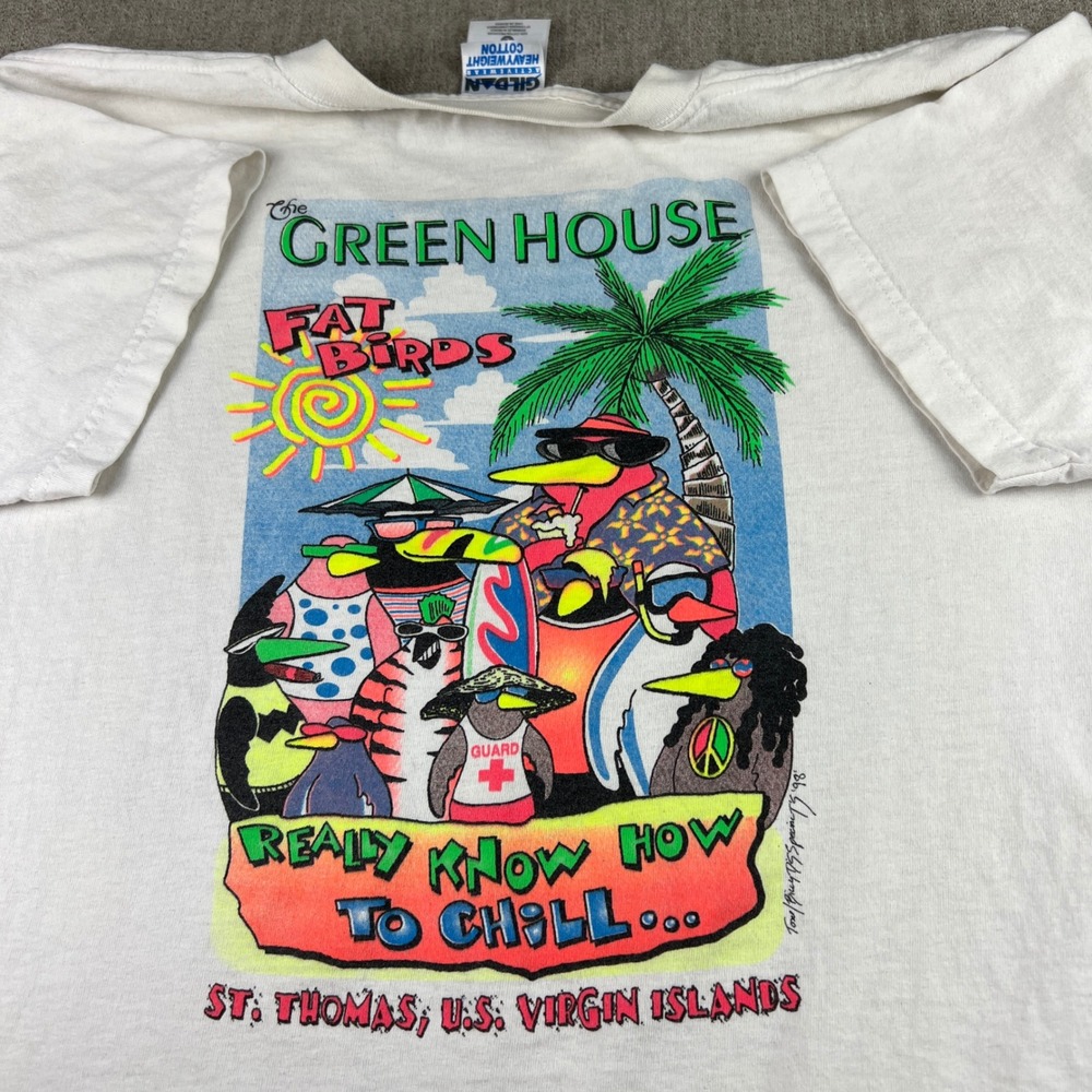 Vintage 90s Beach Graphic T-Shirt Mens Large White St Thomas USVI Fat Birds tee